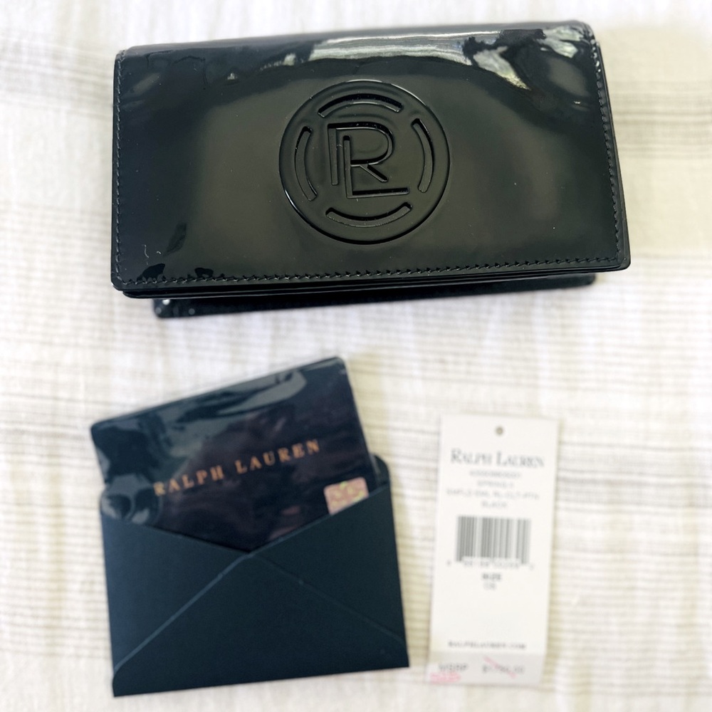 Ralph Lauren collection black patent leather small purse with silver chain